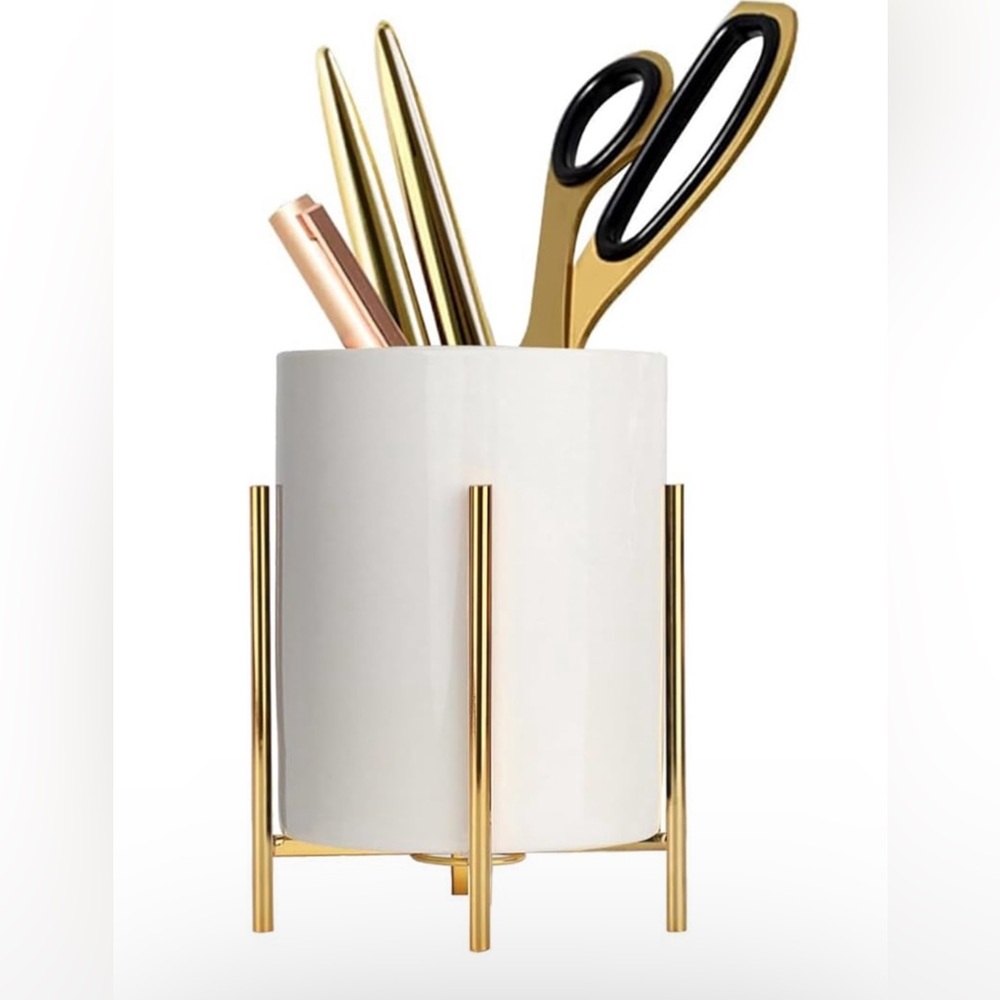 Siebold | White with gold pencil cup ceramic pen holder with sturdy metal frame